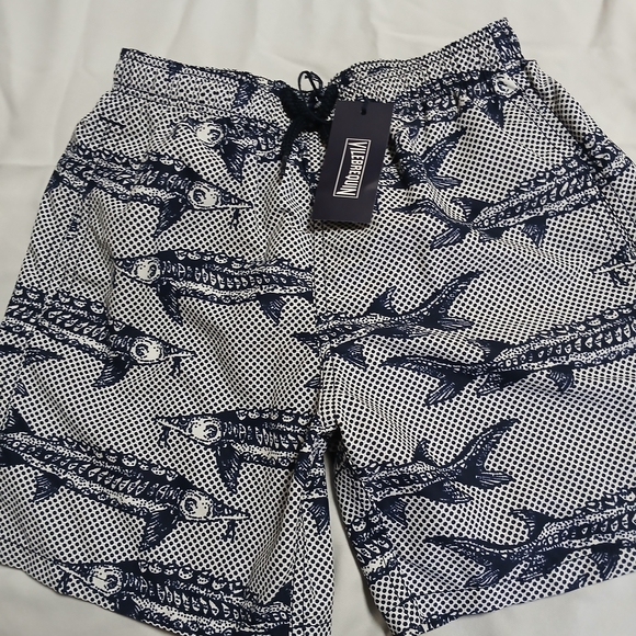 Vilebrequin Kids Swim Trunks - Navy and White Fish Print - Picture 1 of 4
